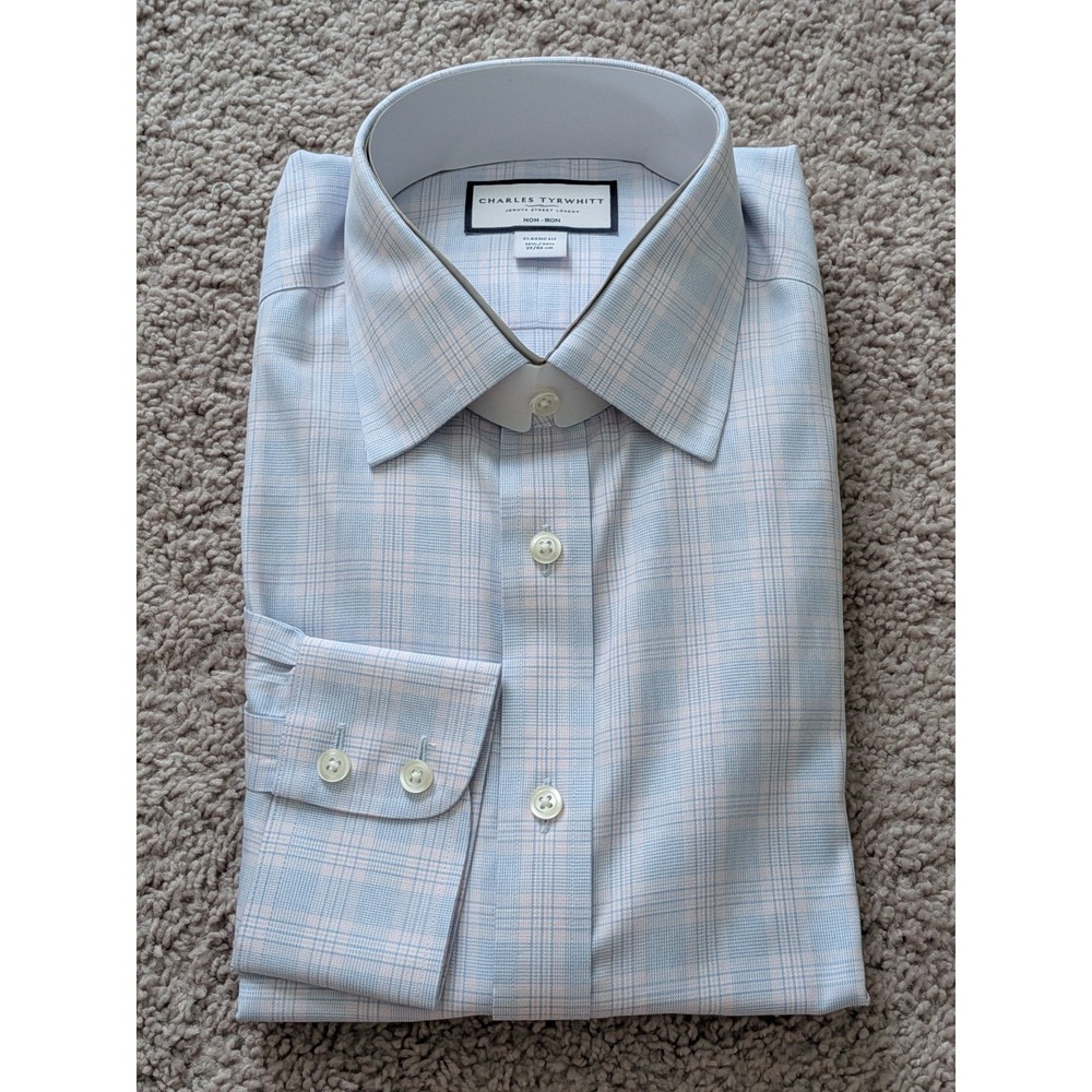 Charles Tyrwhitt Shirt 15.5/34 Sky Blue & Pink Prince of Wales Check Classic Fit